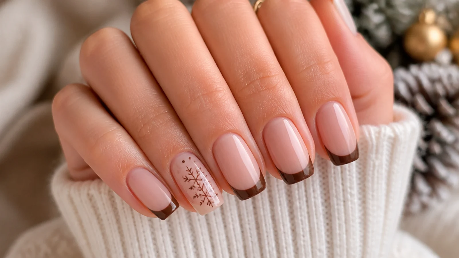 Warm cocoa brown French tip December nails on a nude base