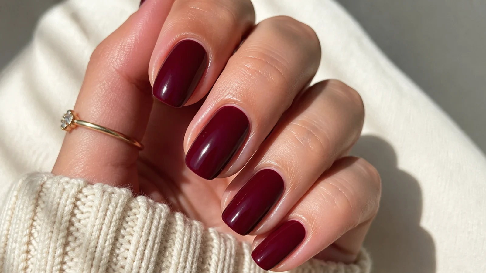 Deep mulled-wine burgundy December nails with a glossy finish