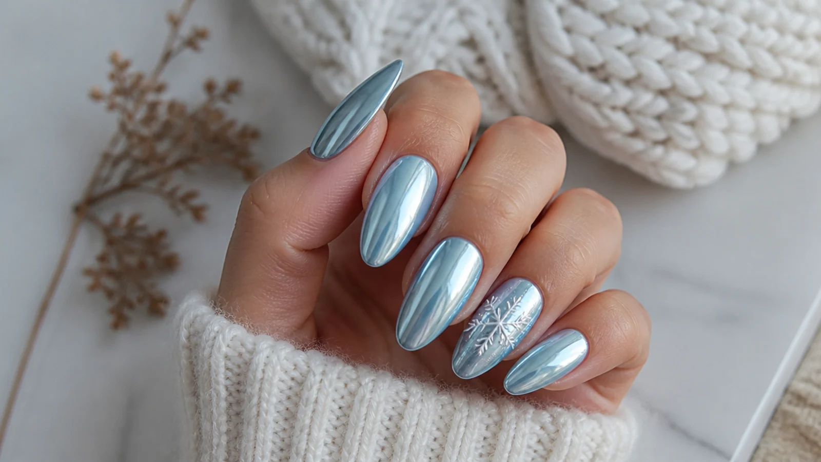 Icy blue chrome mirror December nails with a frosty sheen