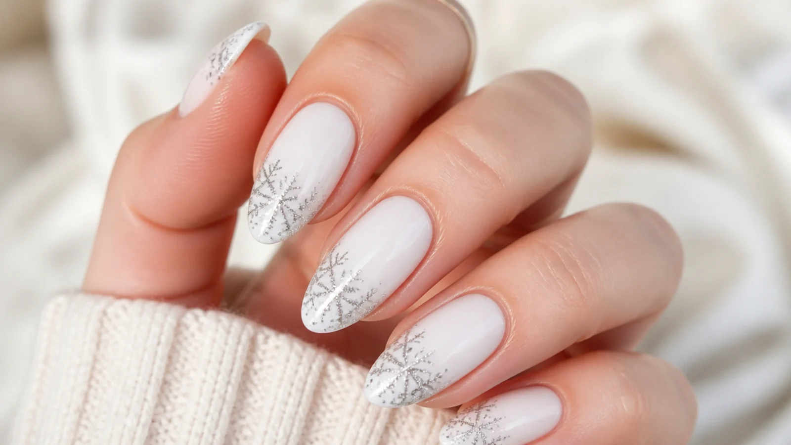 White December nails with delicate silver snowflake tip accents