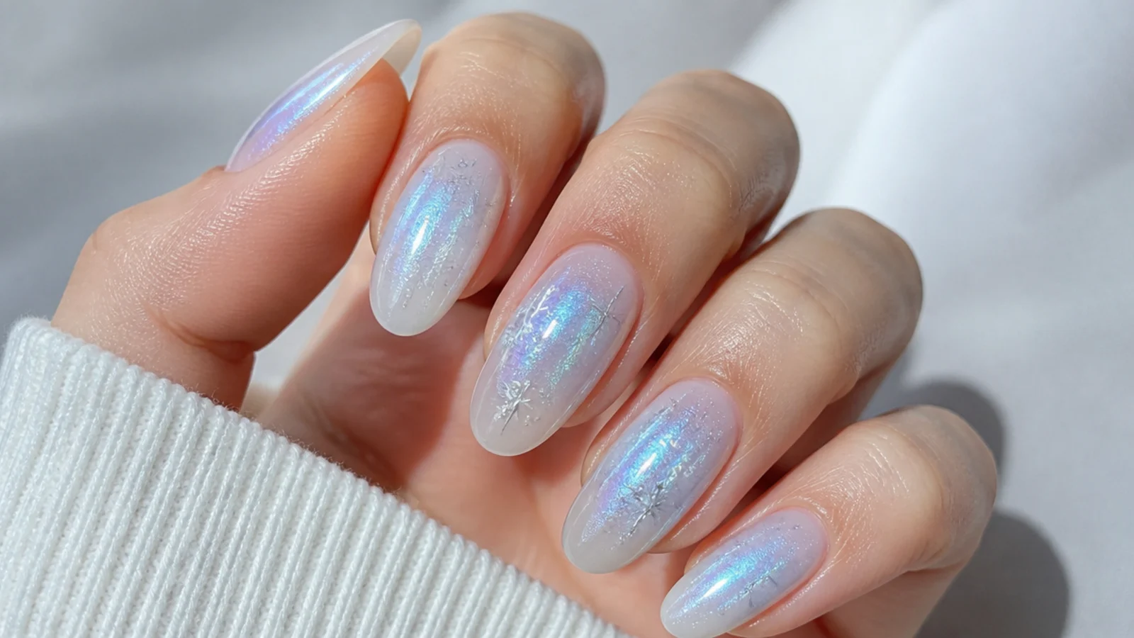 Frosted ice aura December nails with an airbrushed blue-white glow