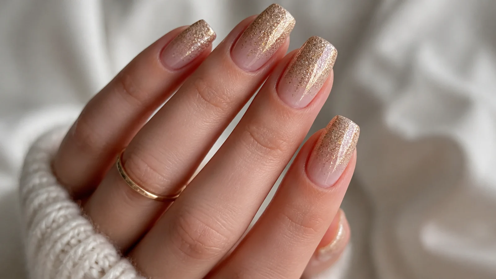Champagne gold glitter fade December nails from tip to base