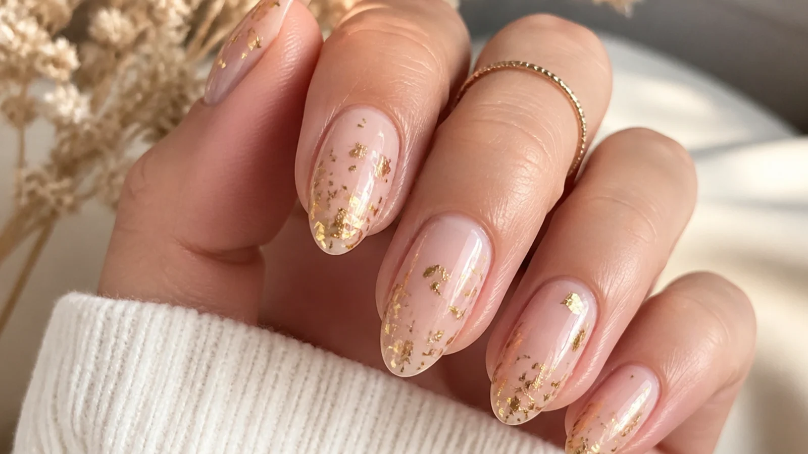 Gold foil flake December nails scattered over a nude base