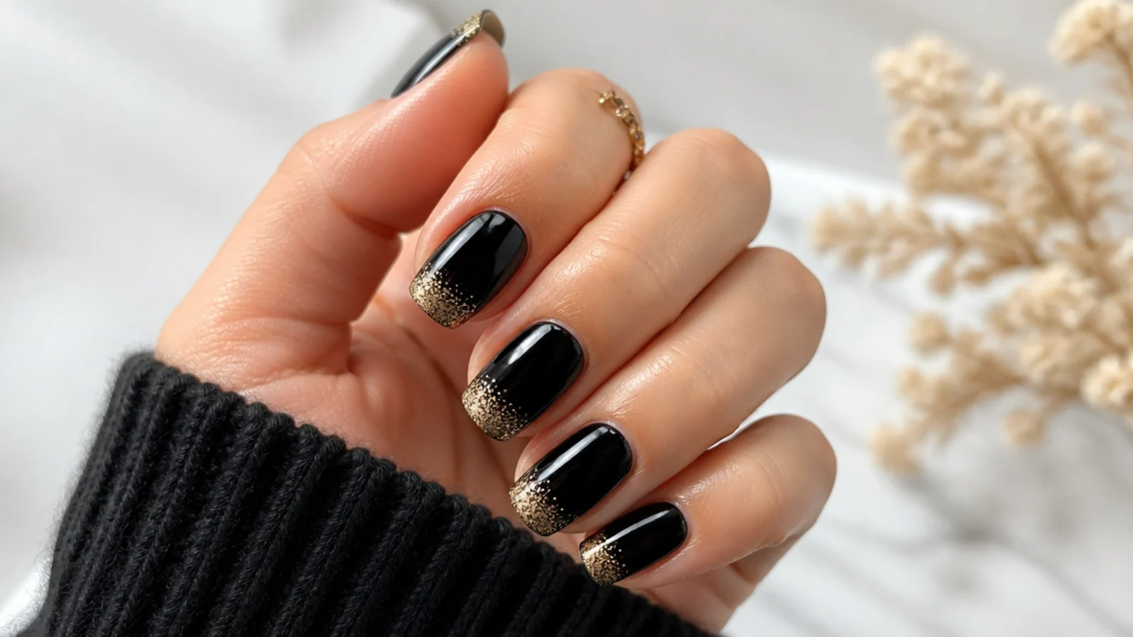 Glossy black December nails with gold glitter accent tips
