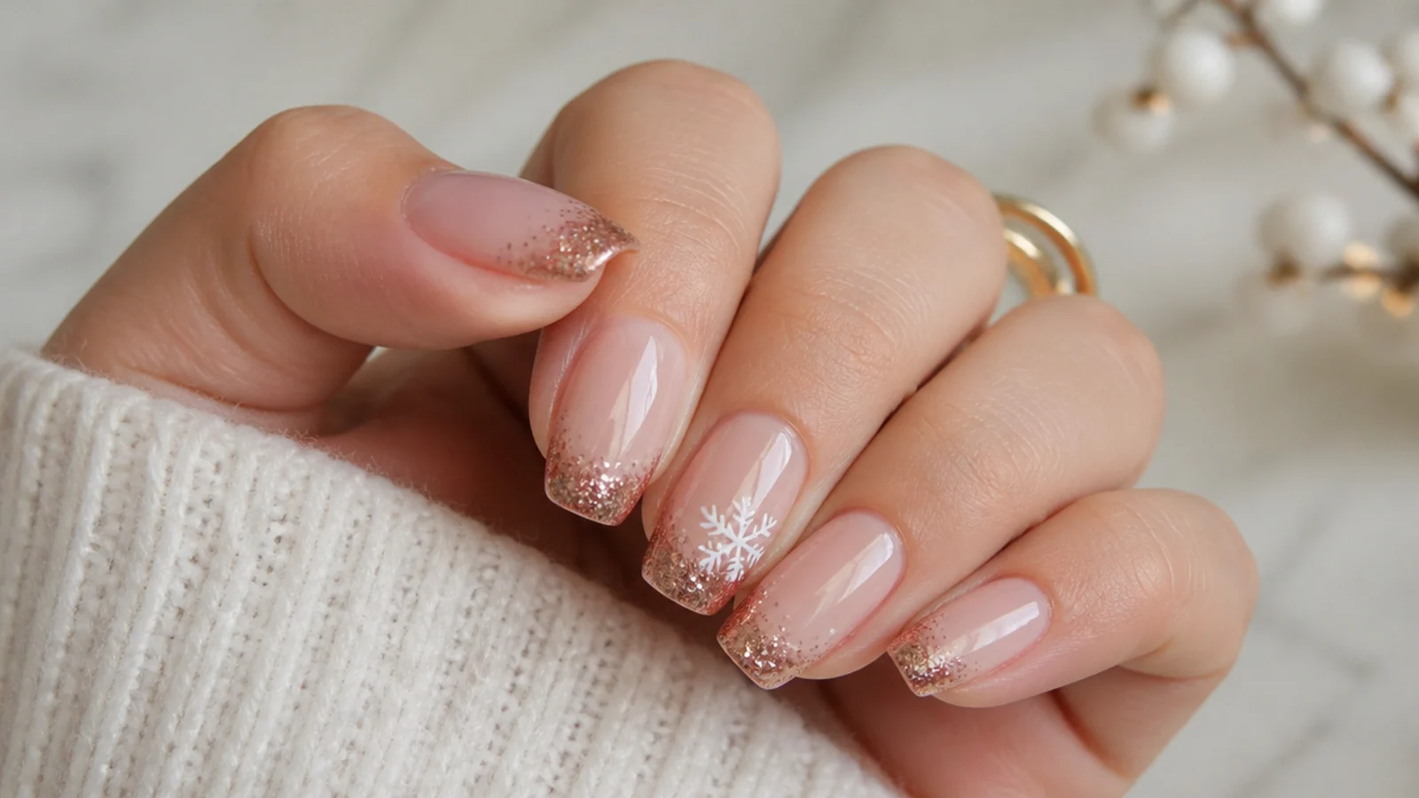 Rose gold glitter tip December nails on a soft nude base
