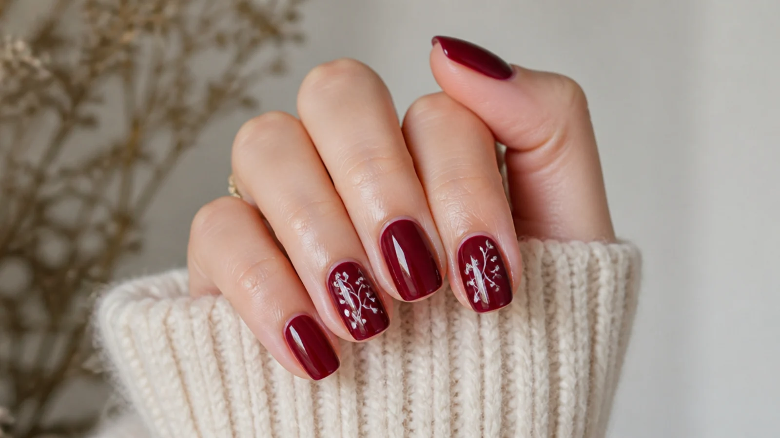 Short glossy cranberry December nails on natural-length nails