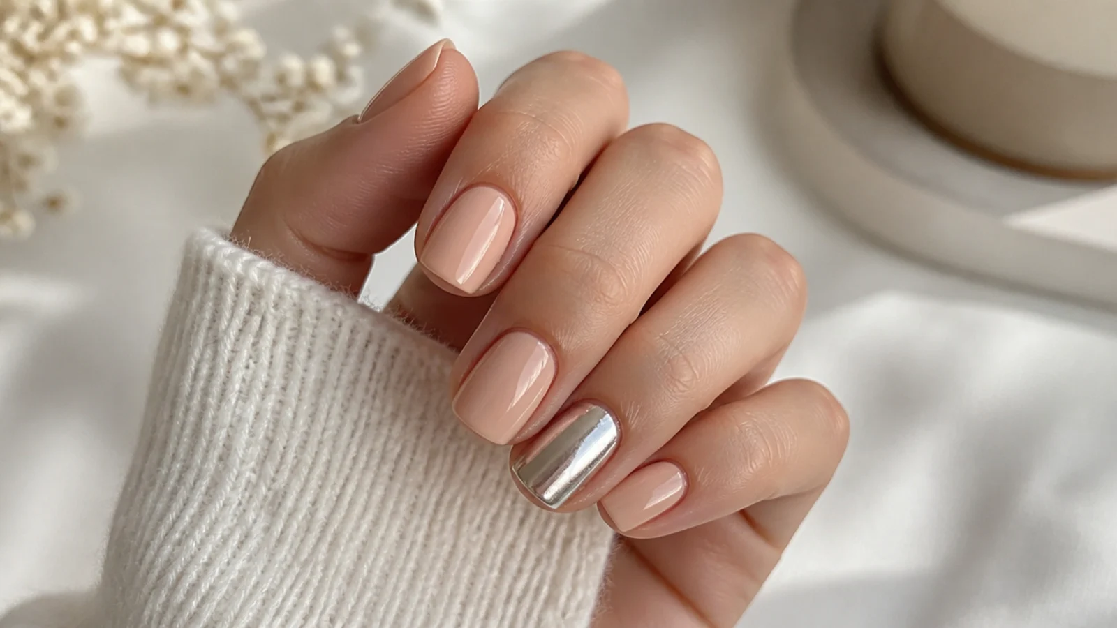 Short nude December nails with one silver chrome accent nail