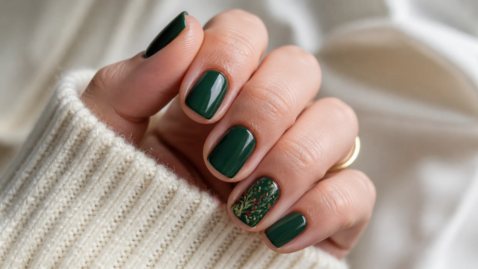 Short forest green December nails with a clean glossy finish
