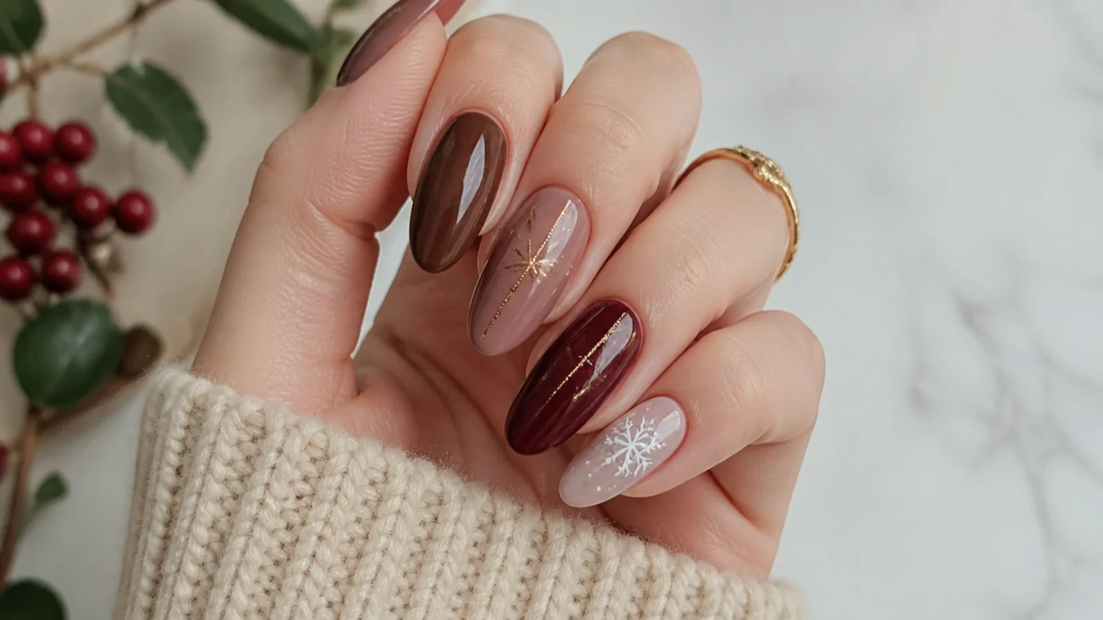 Cozy December nail swatches in chocolate, mauve, cranberry and taupe