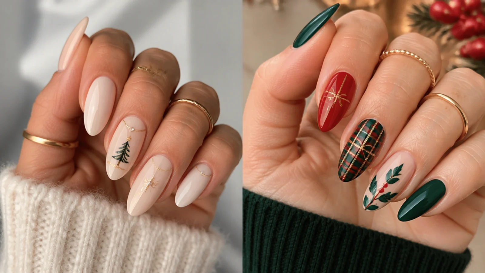 December neutral nails beside classic red and green Christmas nails