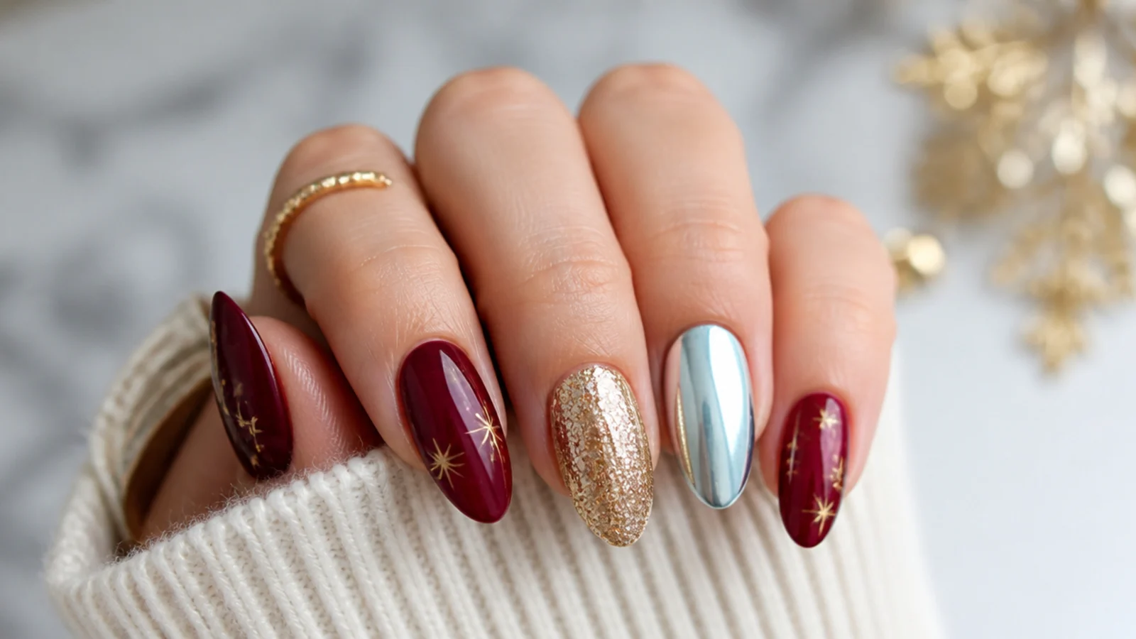 December nails in cranberry, icy blue chrome and gold glitter on almond shapes