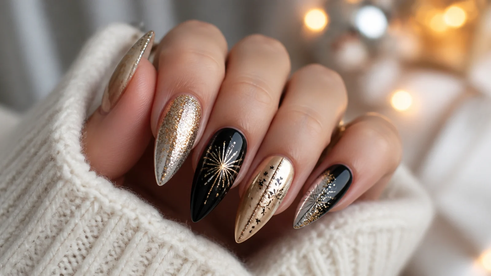 New Year December nails in champagne glitter, black and gold, and silver