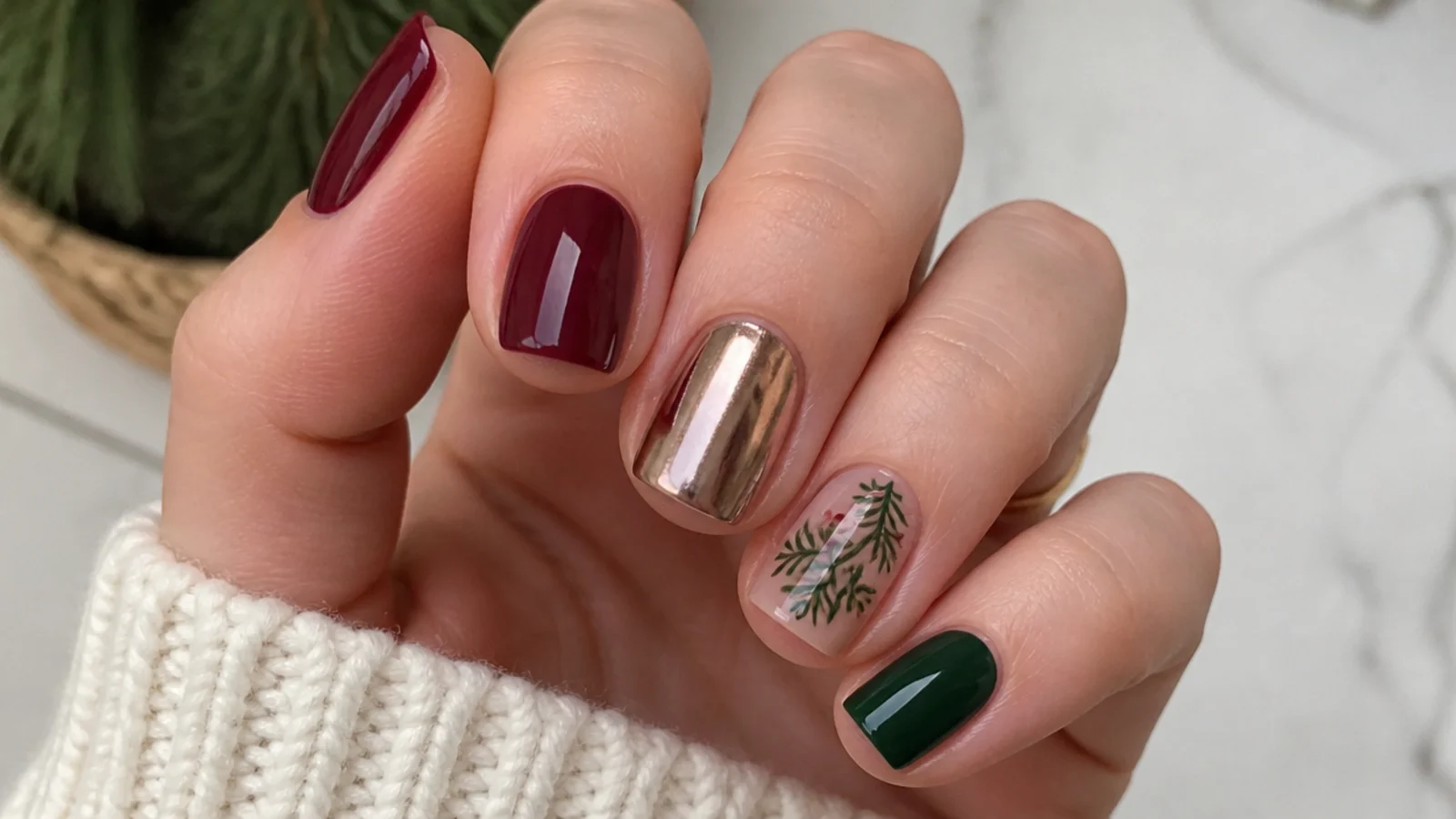Short December nails in cranberry, chrome accent and forest green