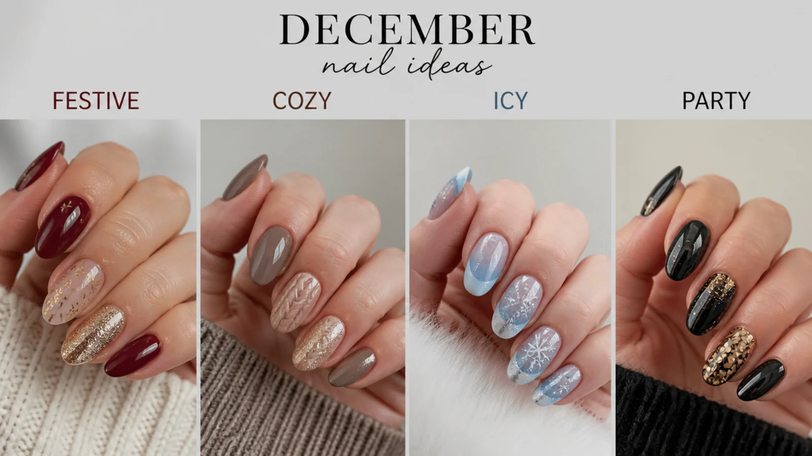 December nail color swatches grouped by festive, cozy, icy and party moods