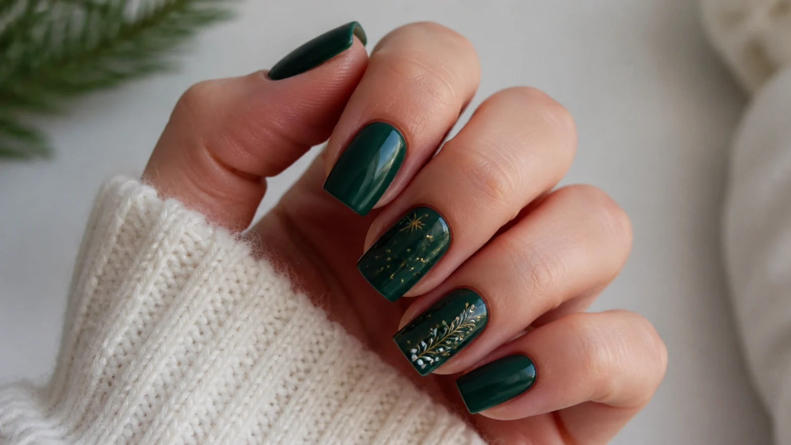 Deep glossy forest green December nails on square nails