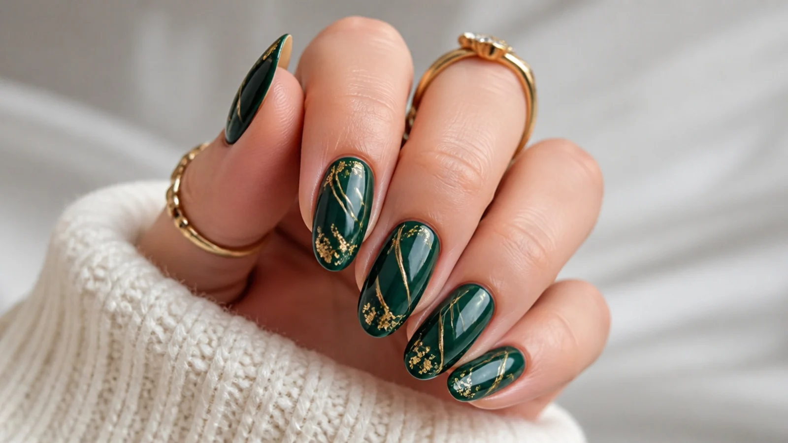 Hunter green December nails with thin gold foil and gold line accents
