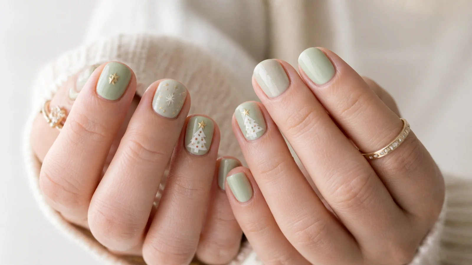 Soft milky sage green December nails on short round nails