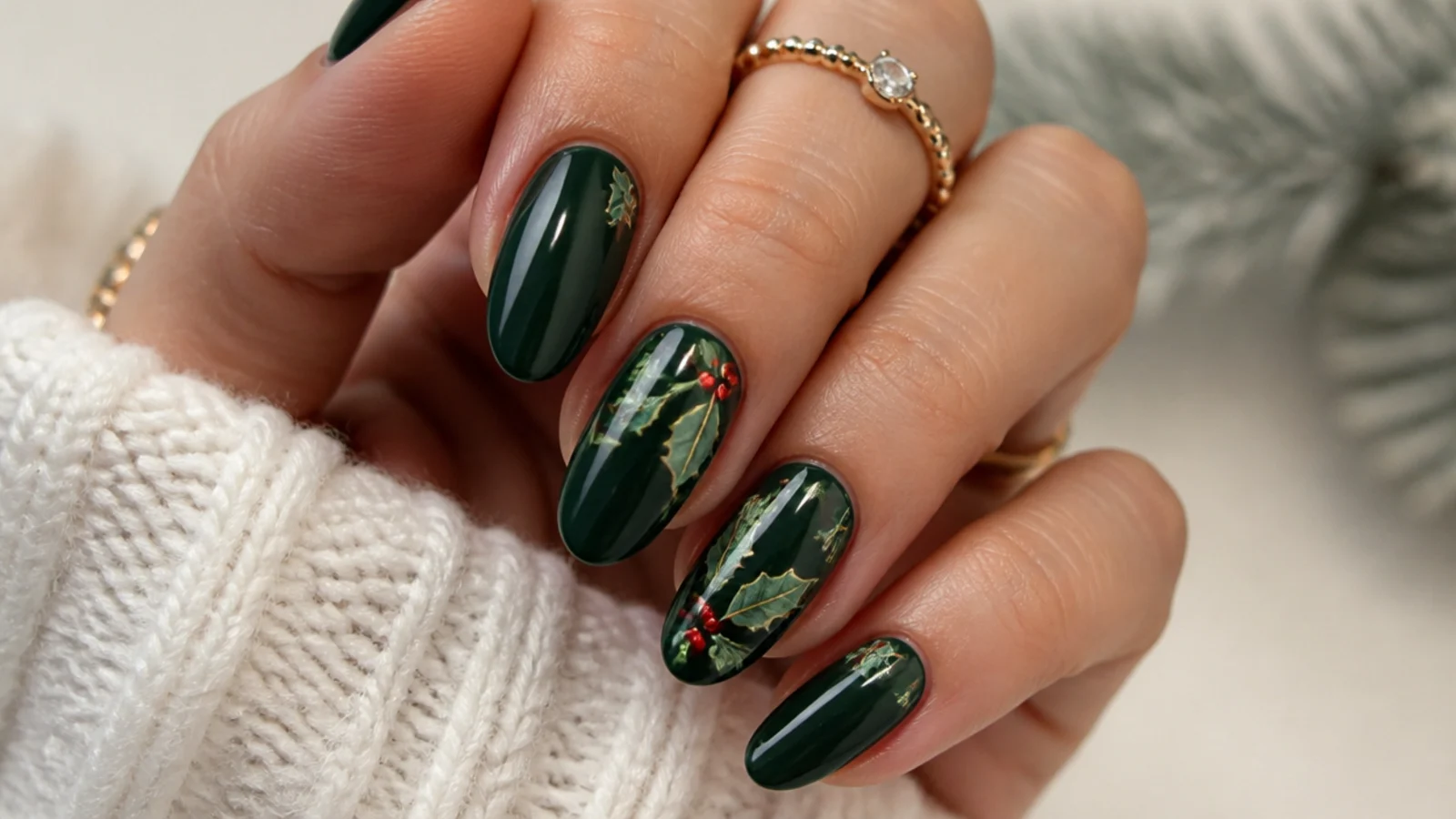 Forest green December nails with hand-painted holly leaves and red berries