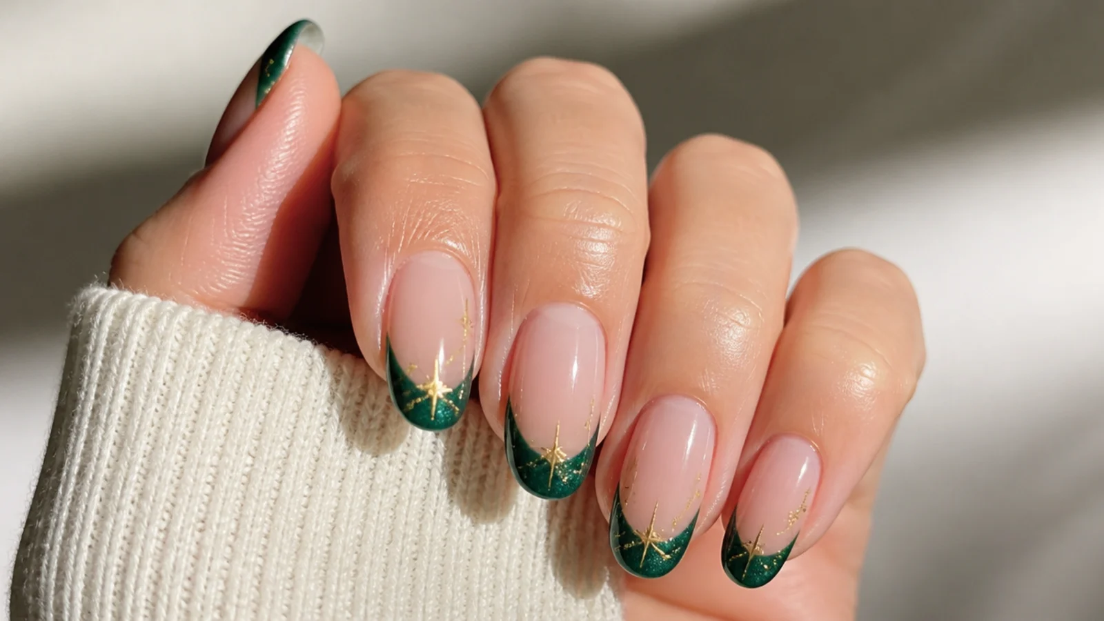 Emerald green French tip December nails on a clear nude base