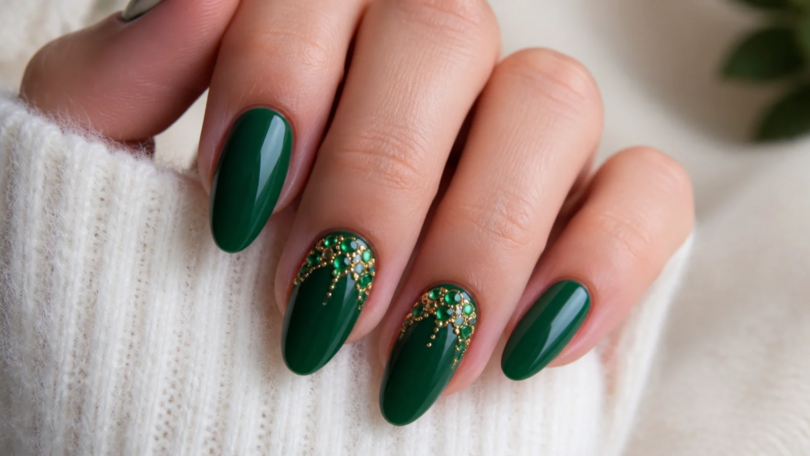 Emerald green December nails with clustered gold and green rhinestones