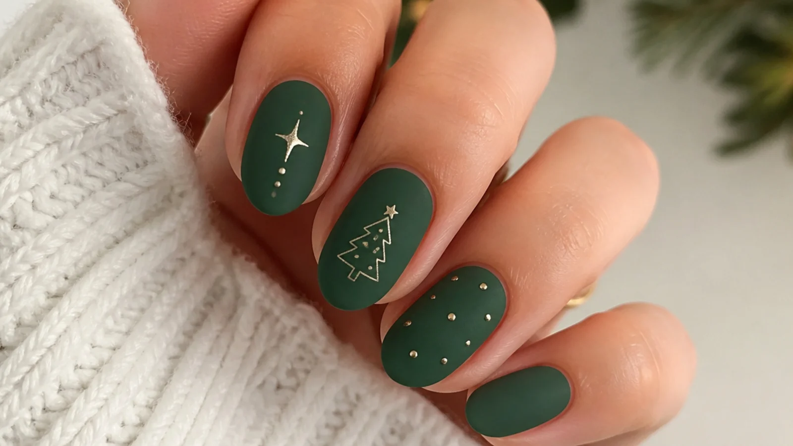 Matte pine green December nails on short almond nails