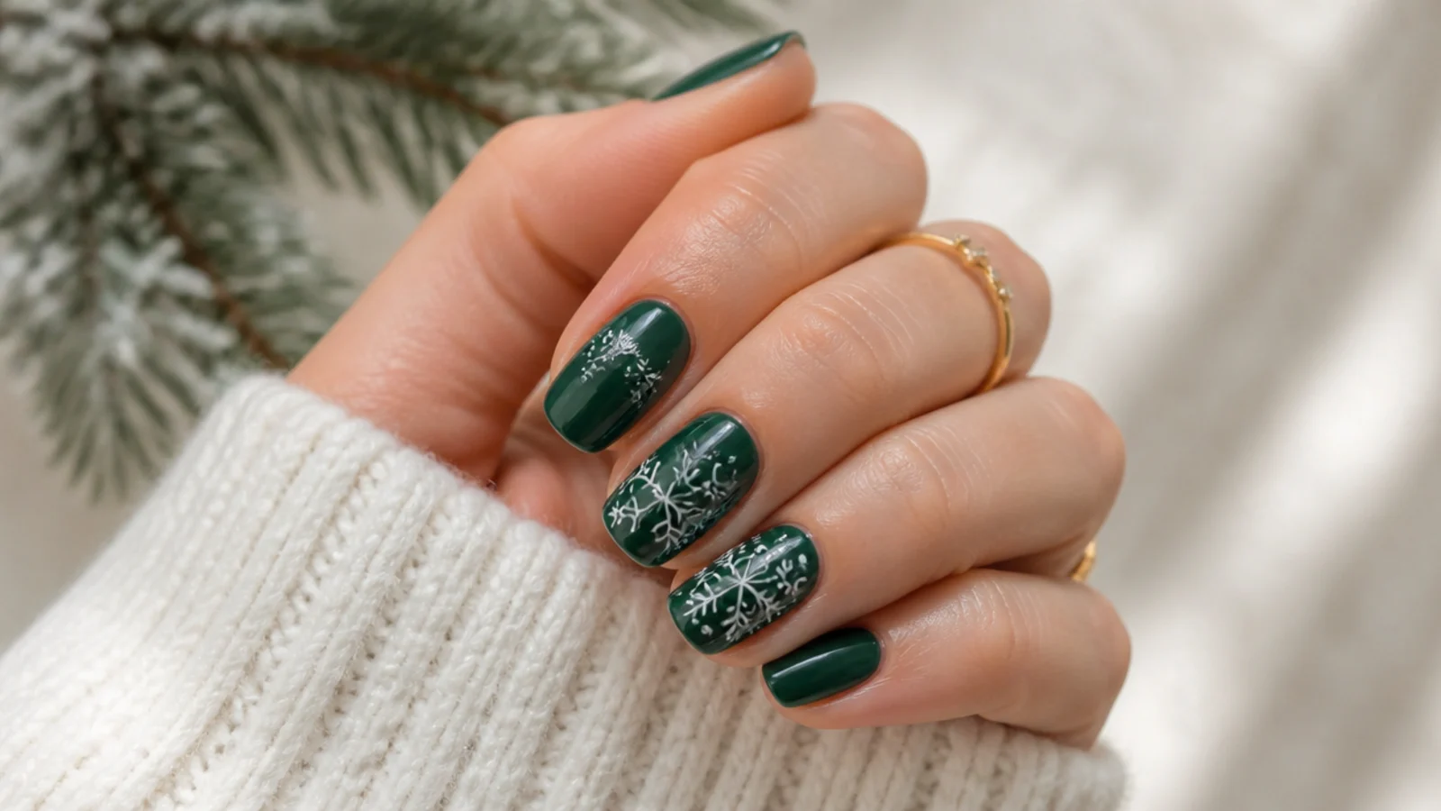 Forest green December nails with white hand-drawn snowflakes