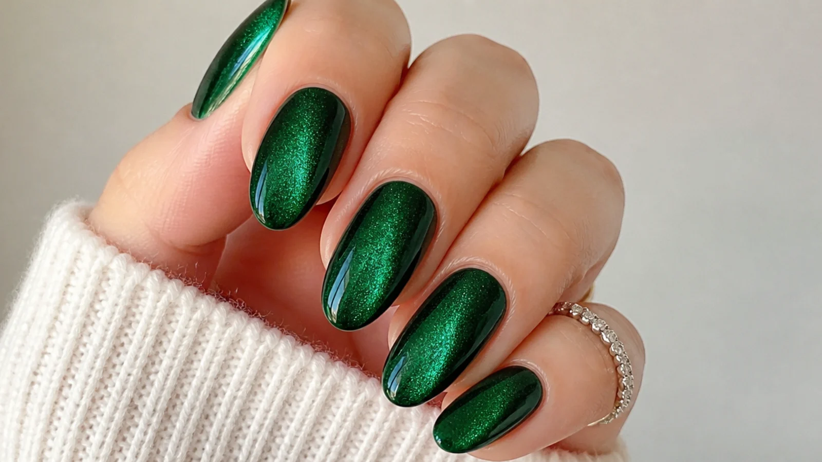 Emerald green magnetic cat-eye velvet December nails on almond shape
