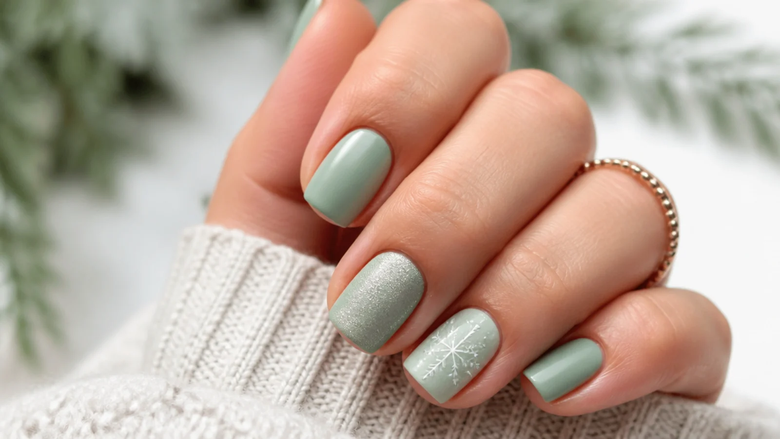 Soft frosted mint green December nails on short square nails