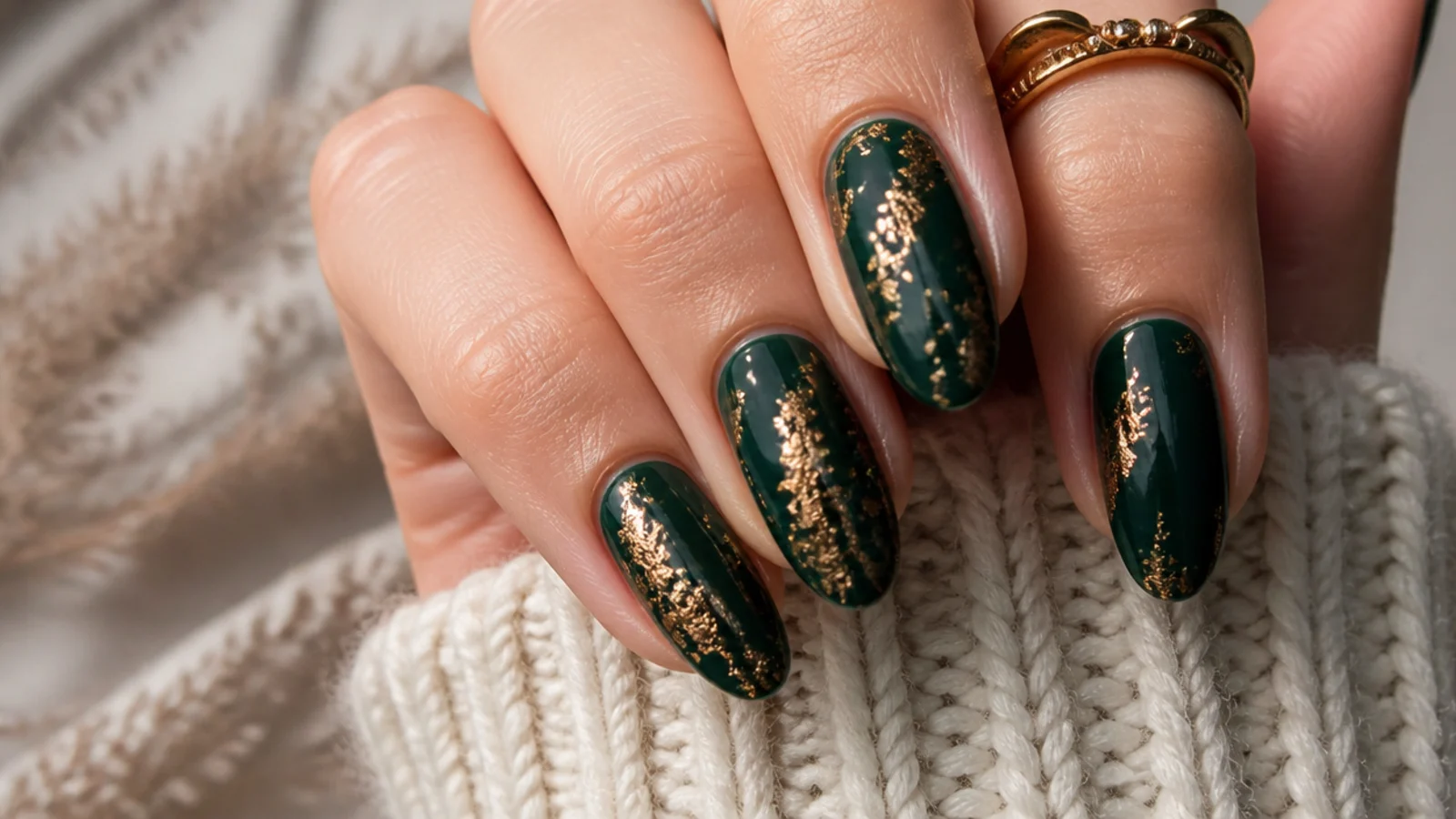 Forest green December nails with cracked gold foil accents
