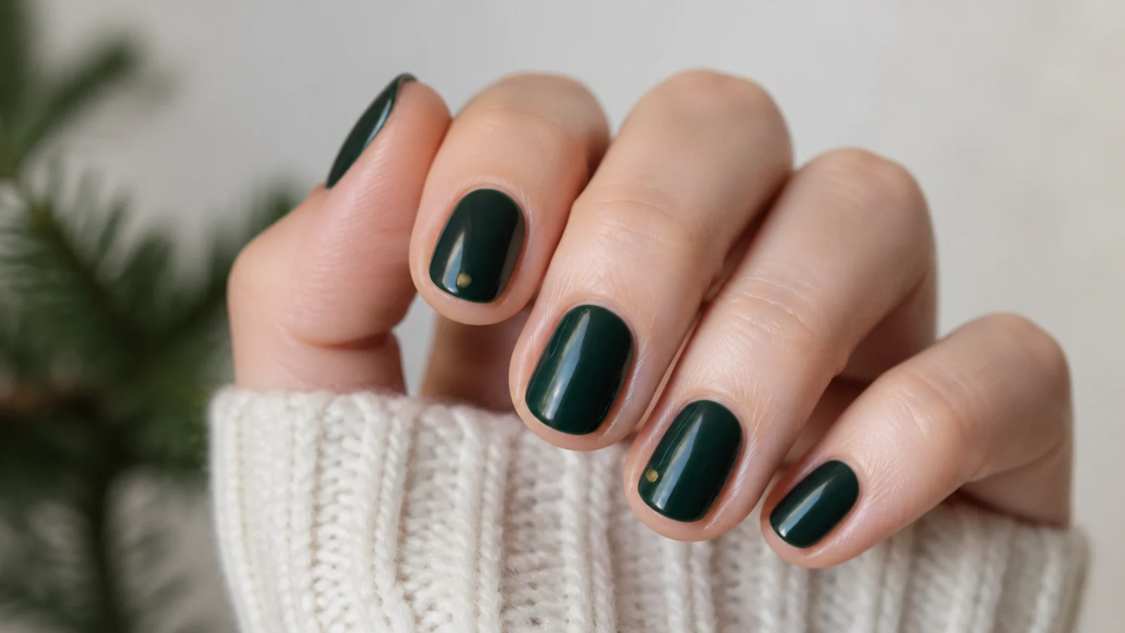 Short natural forest green December nails with one gold dot accent