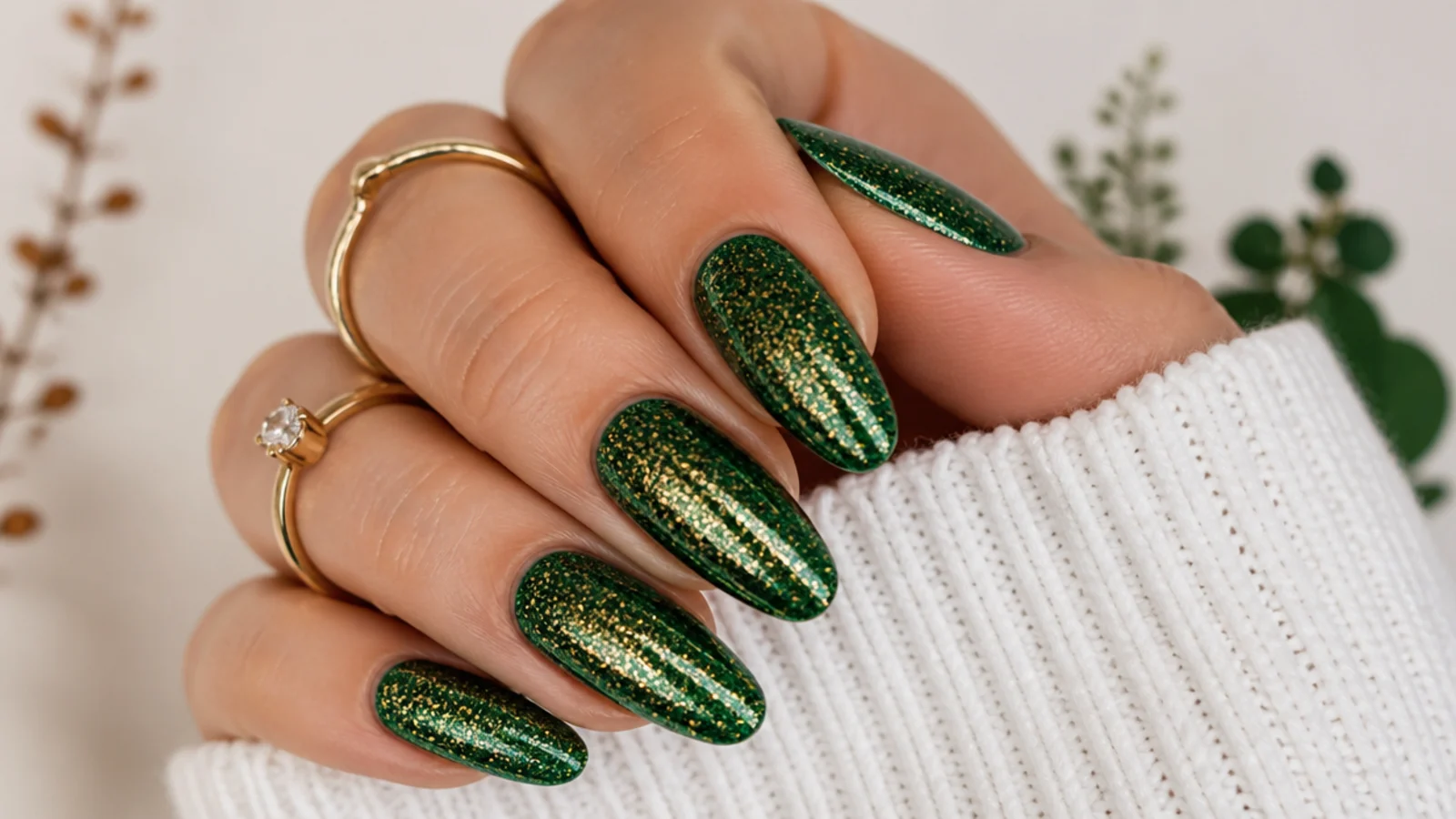 Emerald green December nails fully covered in gold and green glitter