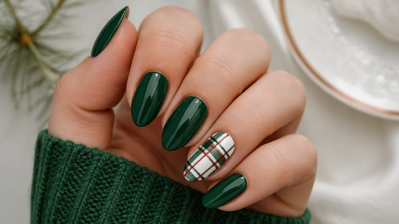 Green December nails with a hand-drawn red and white tartan plaid accent