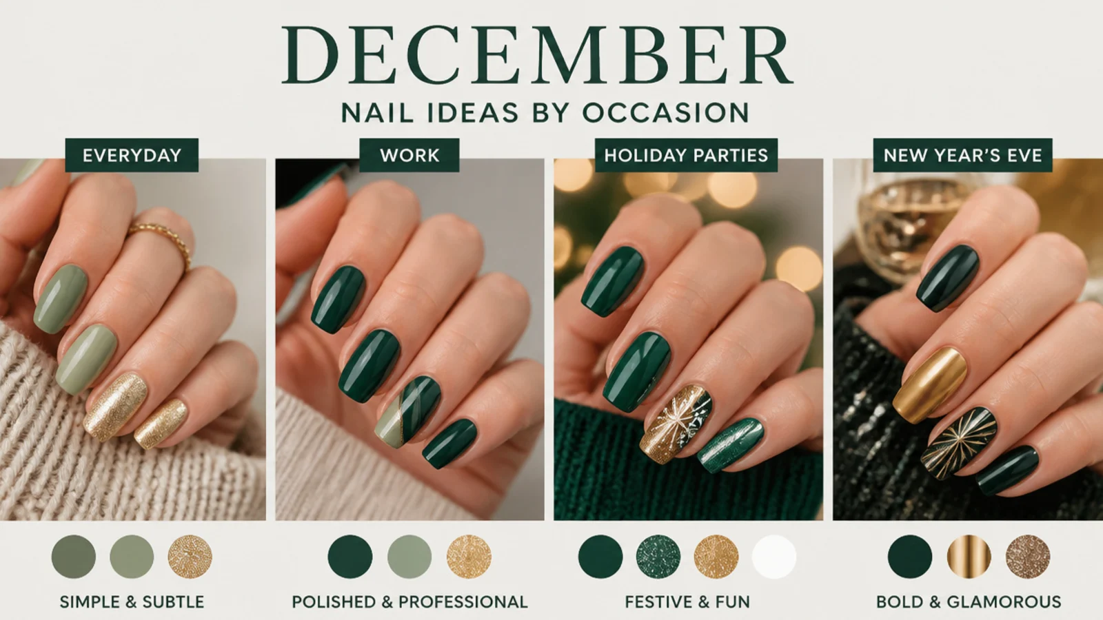 Green, emerald, sage and gold December nail swatches grouped by occasion
