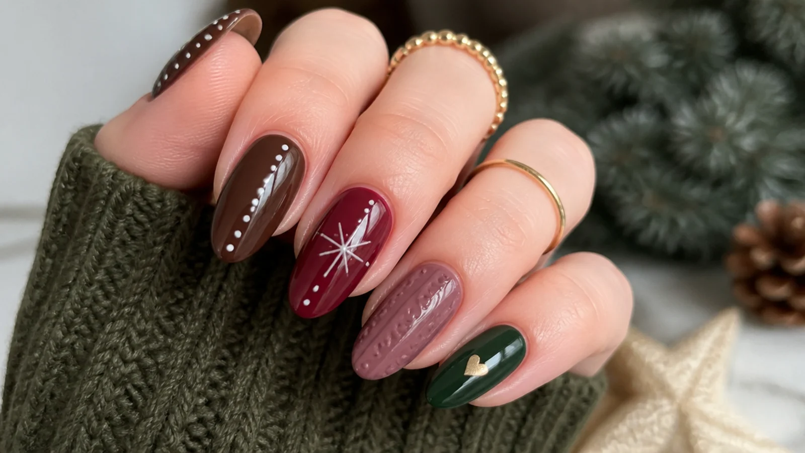 Chocolate, cranberry, mauve and forest green cozy December nail swatches