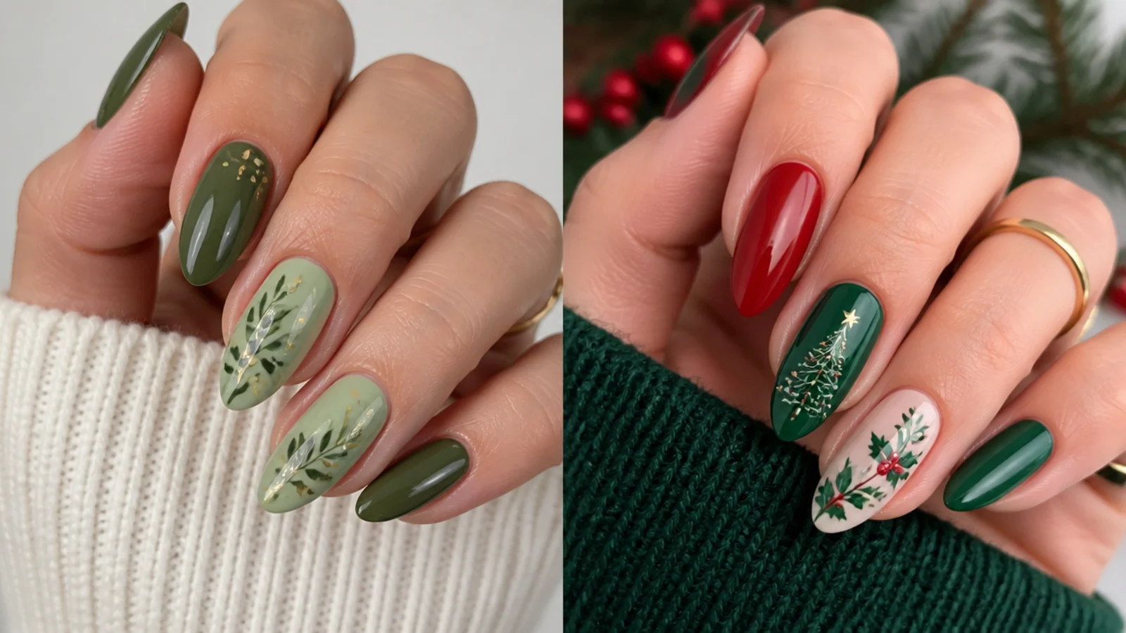Green December nails beside classic red and green Christmas nails