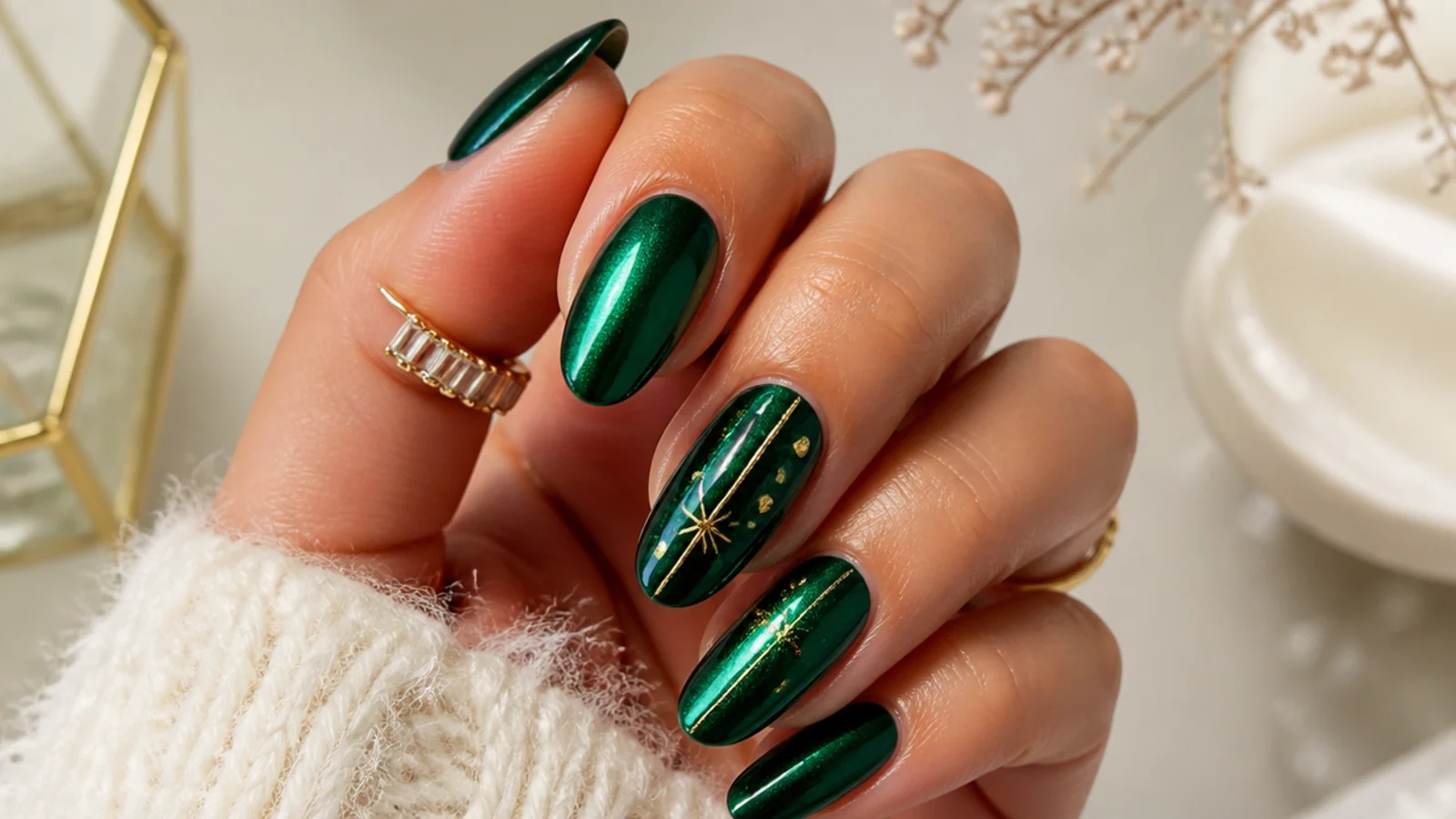 Emerald green chrome December nails with gold accents on almond shape