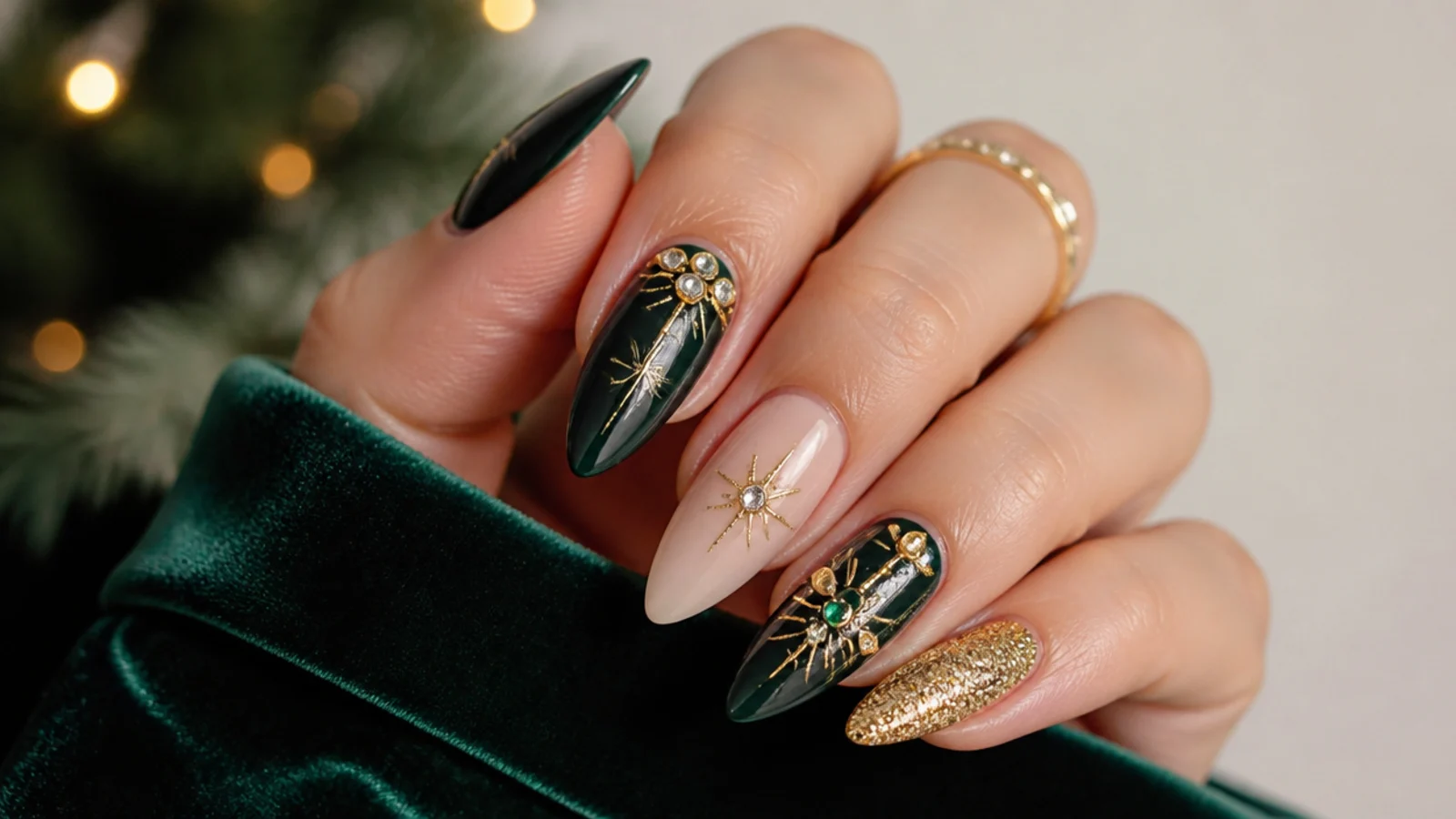 Emerald and gold glitter New Year's Eve December nails with rhinestones