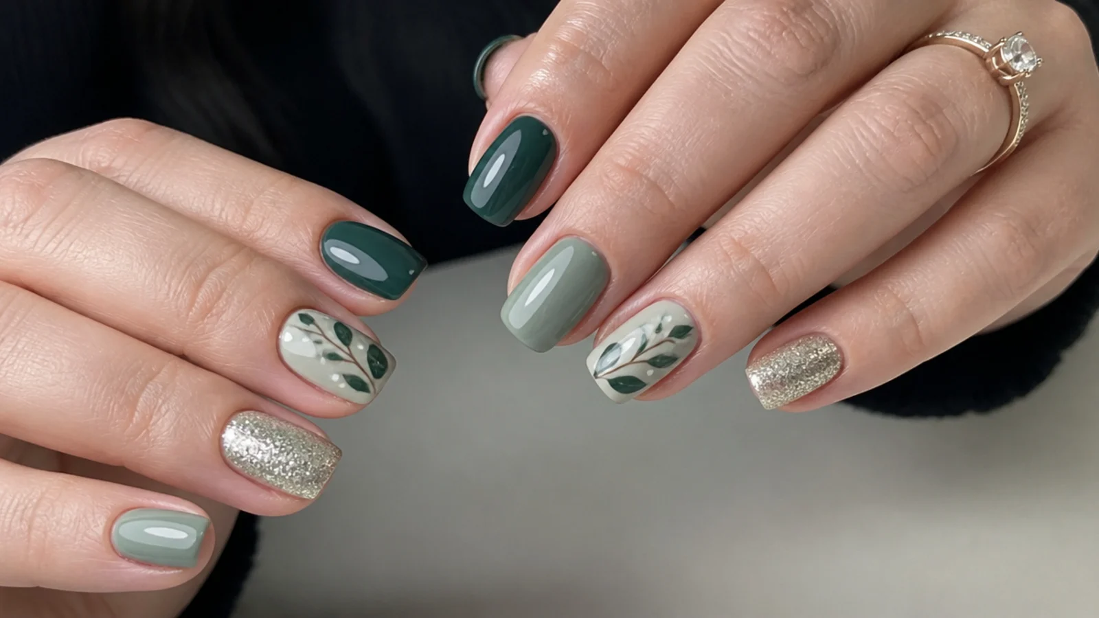Short forest green and sage December nails on round and squoval shapes