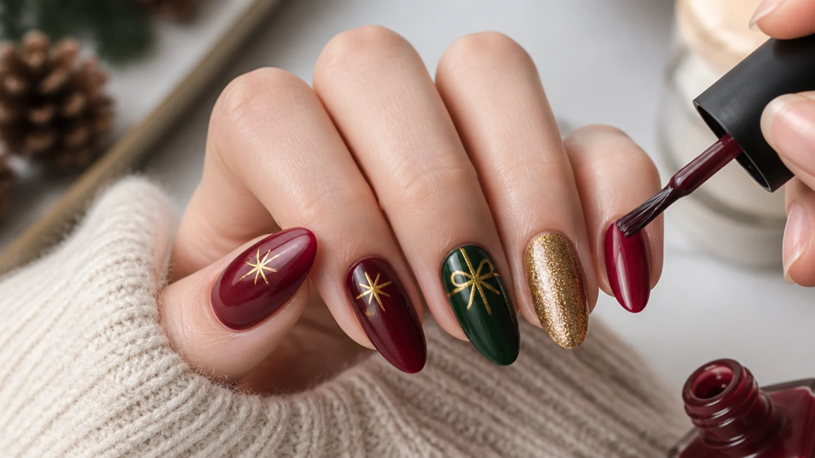 December nails being painted at home in cranberry, forest green and gold on almond shapes