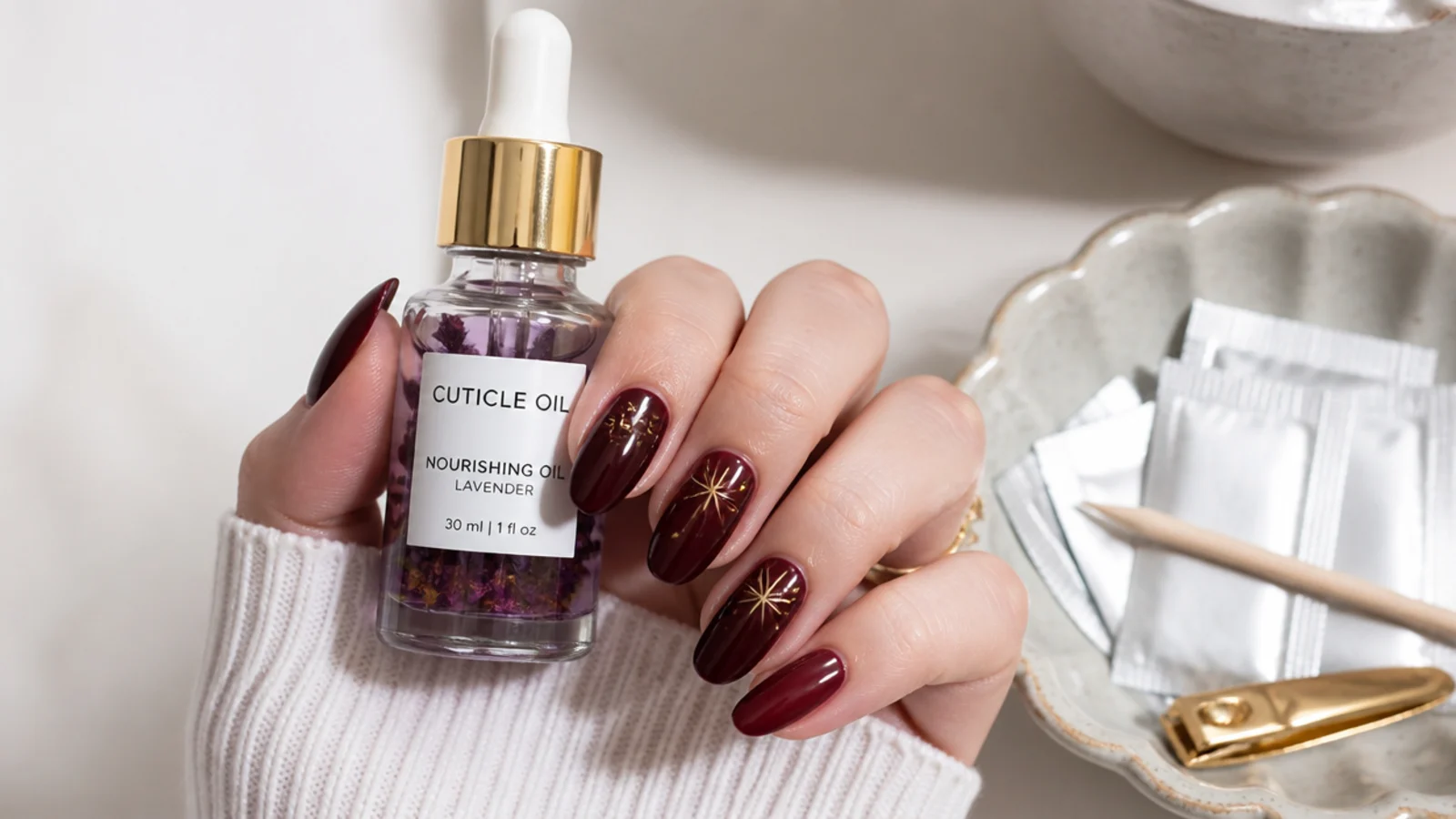 Cuticle oil and acetone foils for maintaining and removing a December gel set