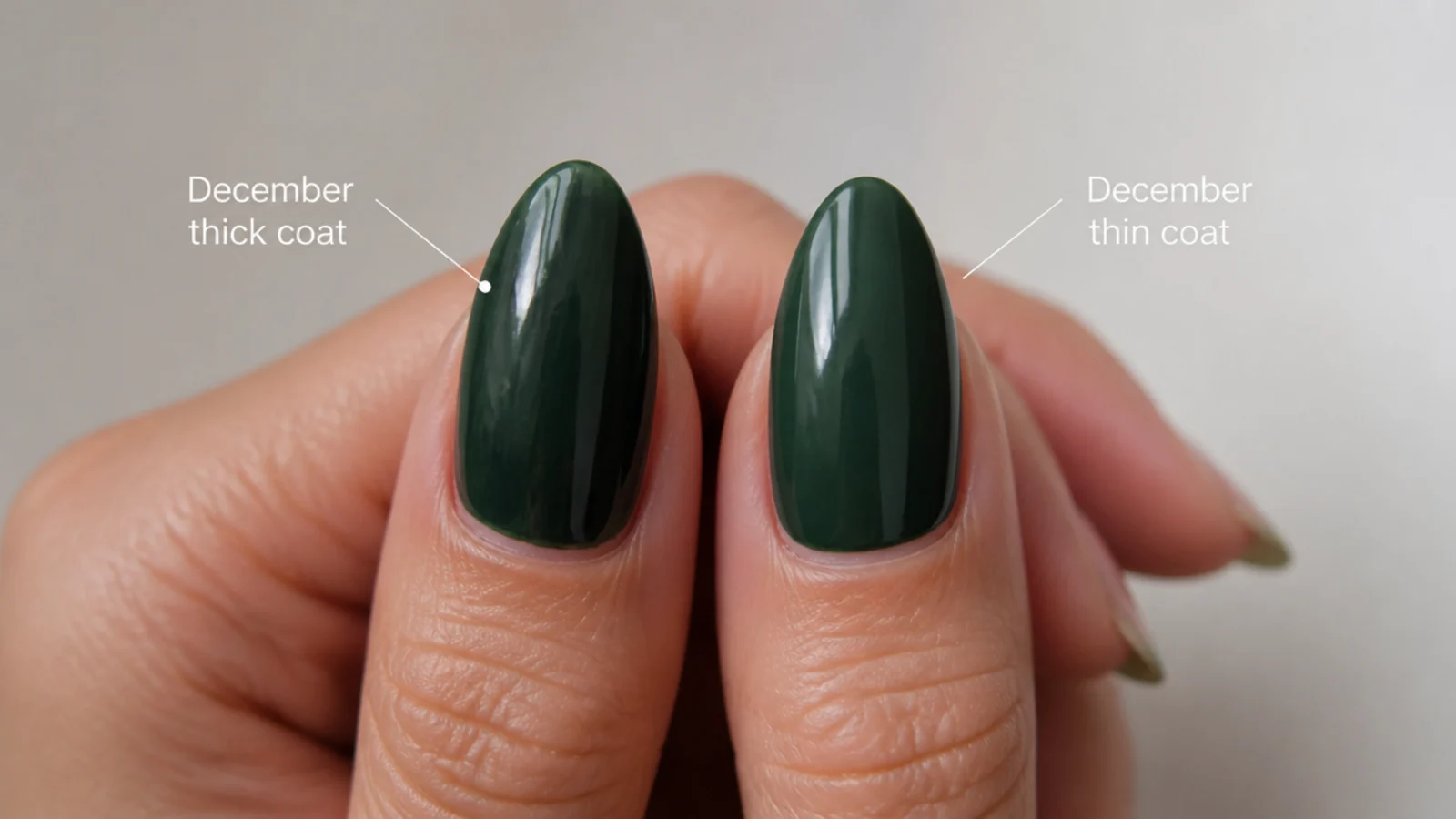 A streaky thick-coat December nail next to a smooth thin-coat one for comparison