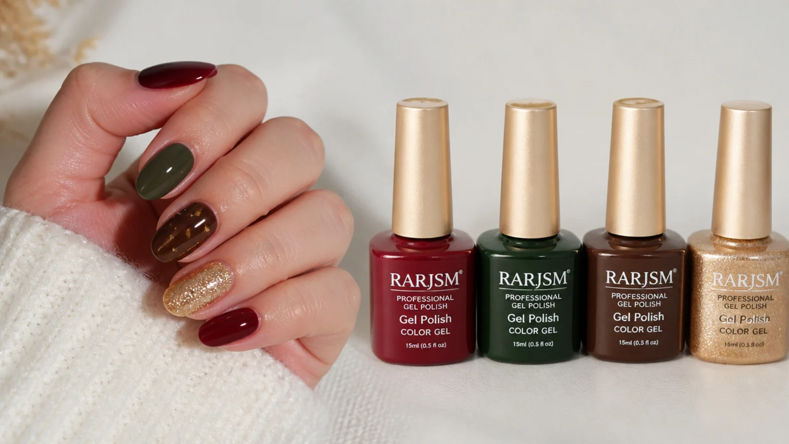 December gel color bottles laid out in cranberry, forest green, brown and gold