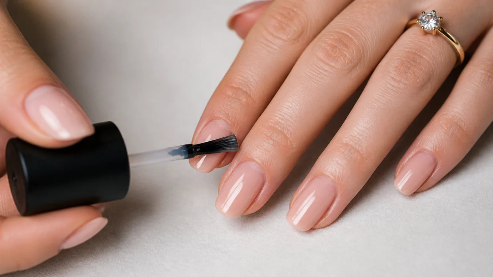 A thin gel base coat being applied to a prepped nail