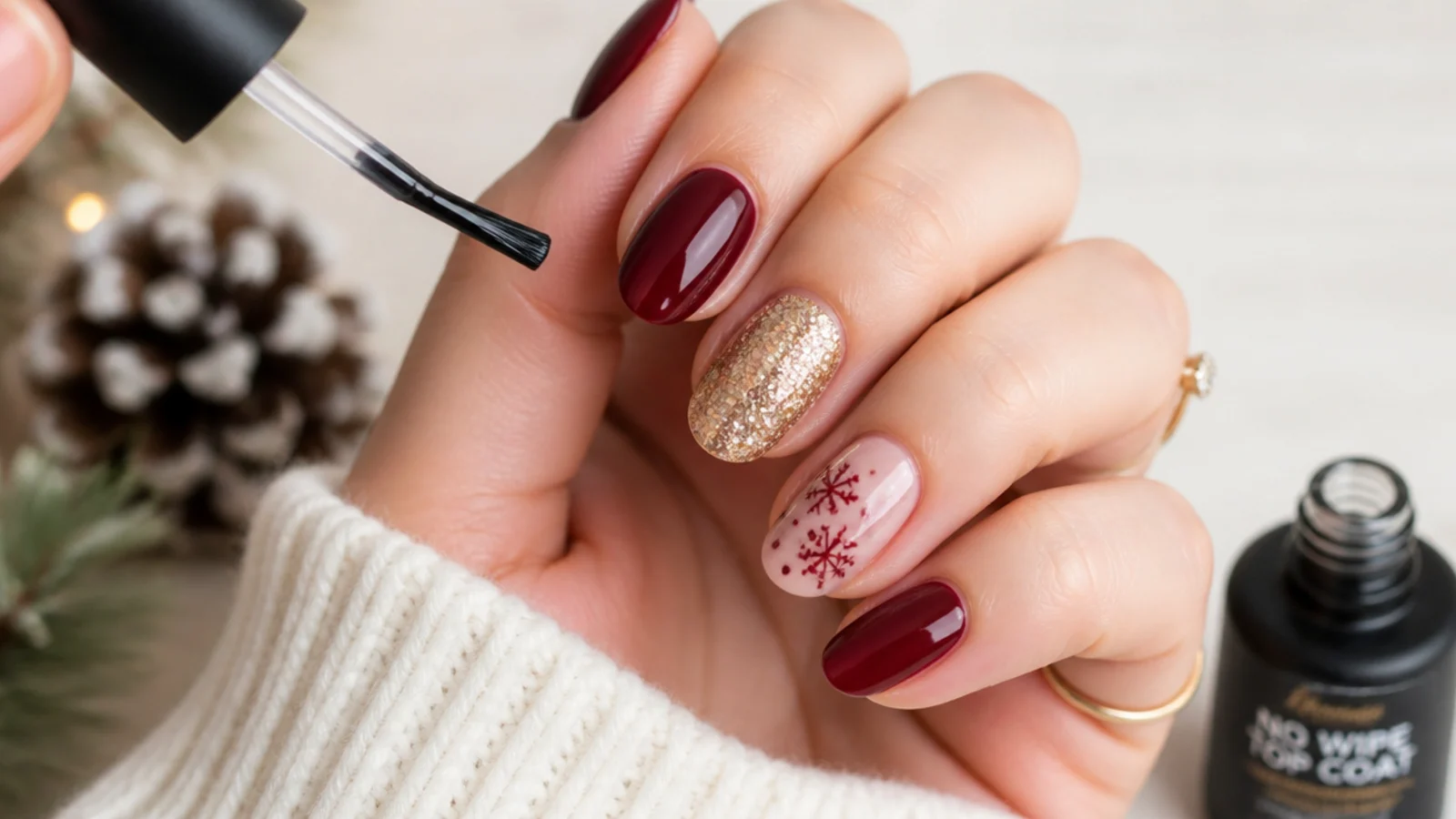 A glossy no-wipe top coat sealing a finished festive December manicure