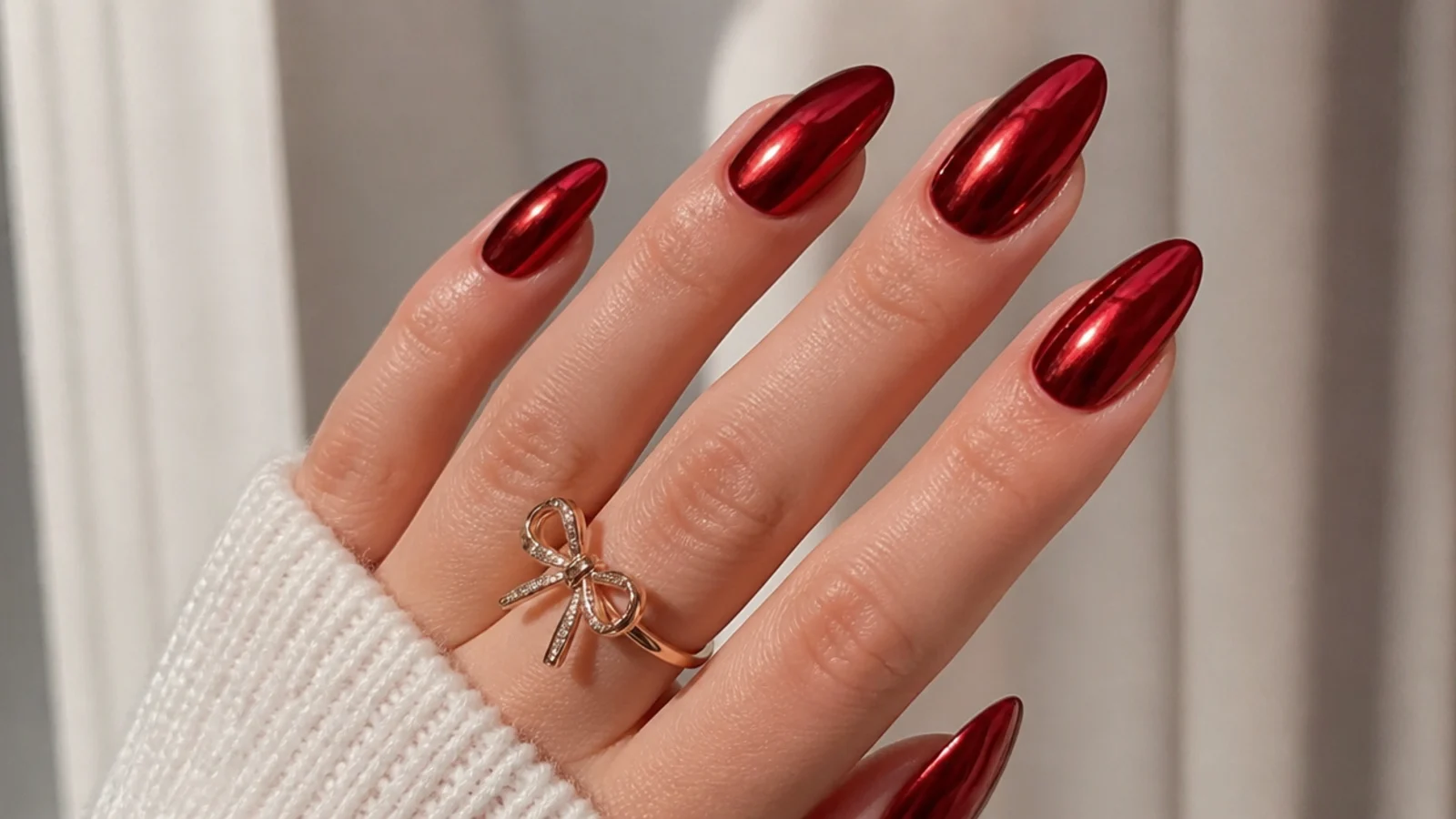 Mirror red chrome December nails with metallic shine on almond nails