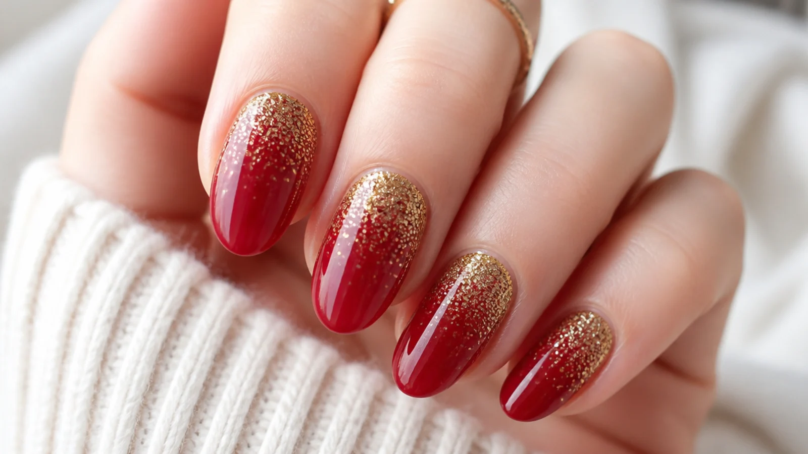 Cherry red December nails with gold glitter fading from the cuticle