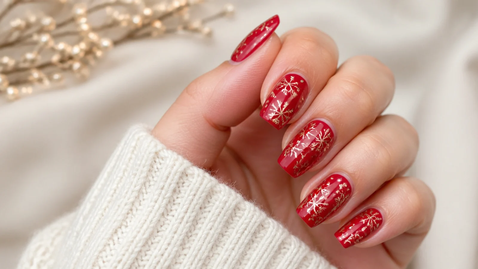 Gold hand-drawn snowflakes on a glossy red December nail