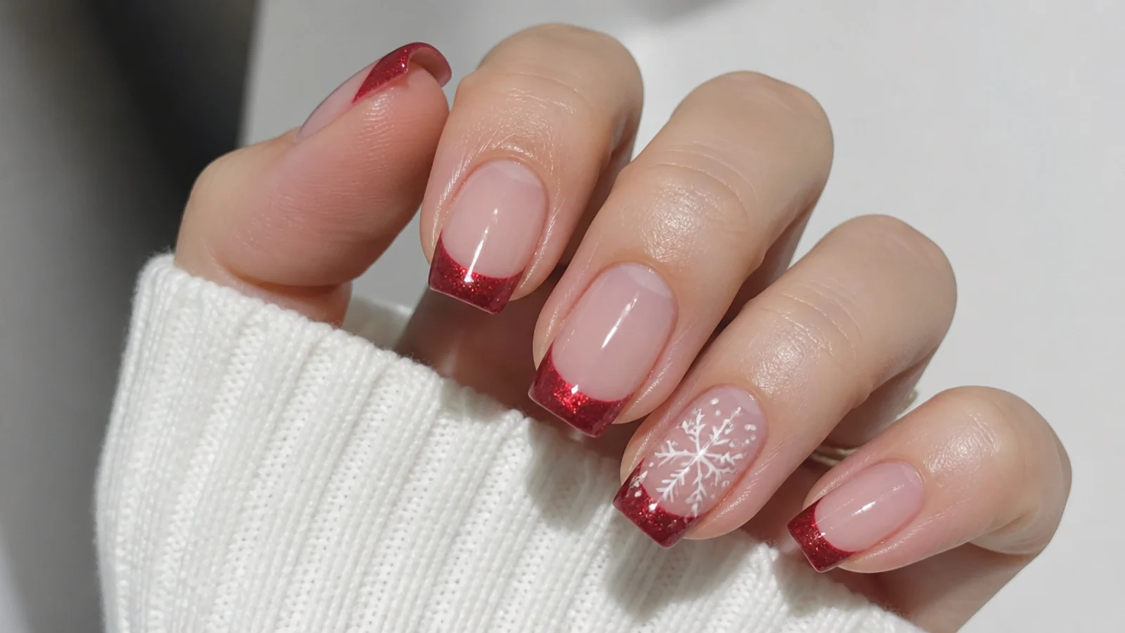 Red French tip December nails over a sheer nude base on squoval nails