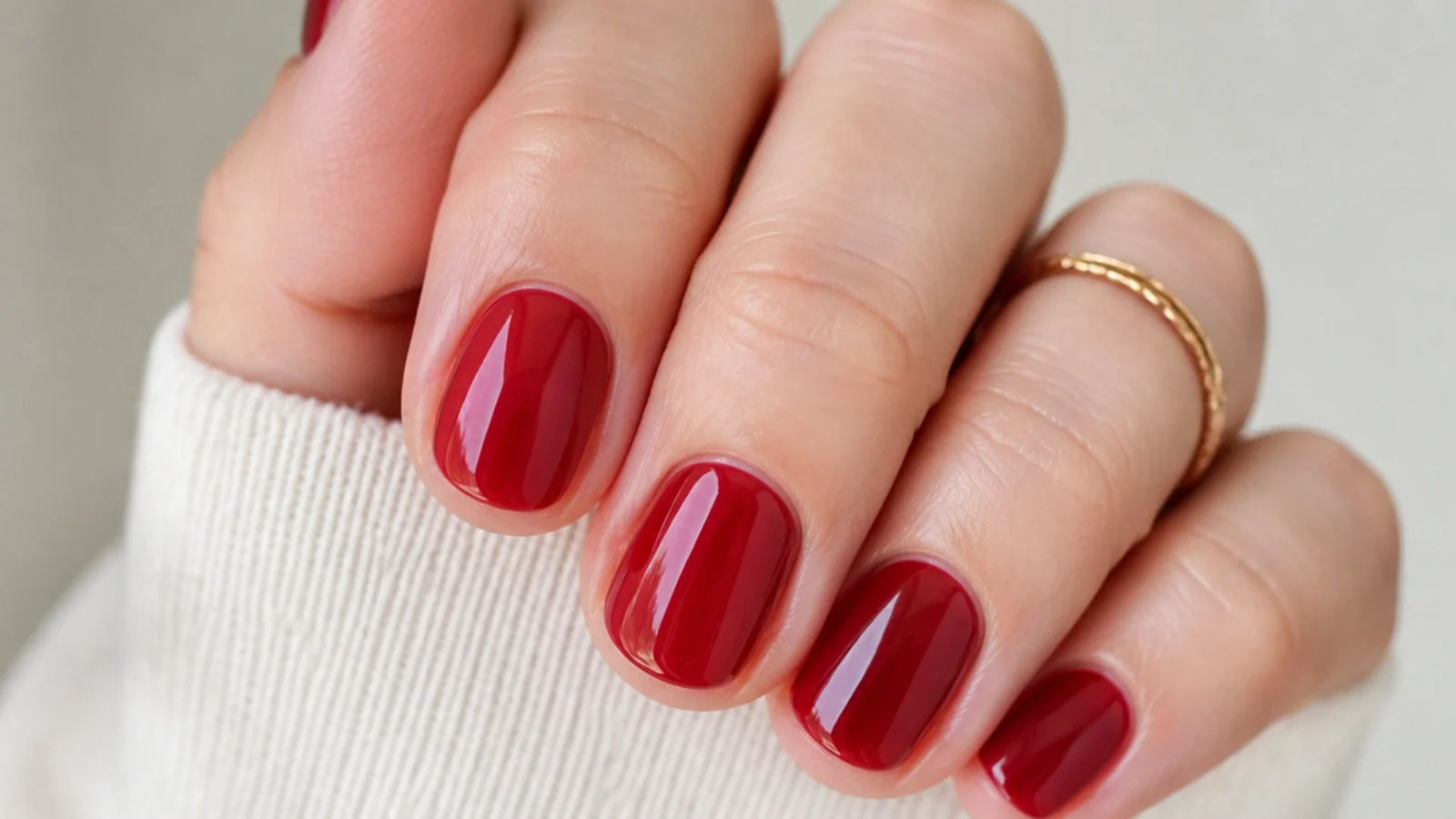 Sheer cranberry jelly red December nails on short round nails
