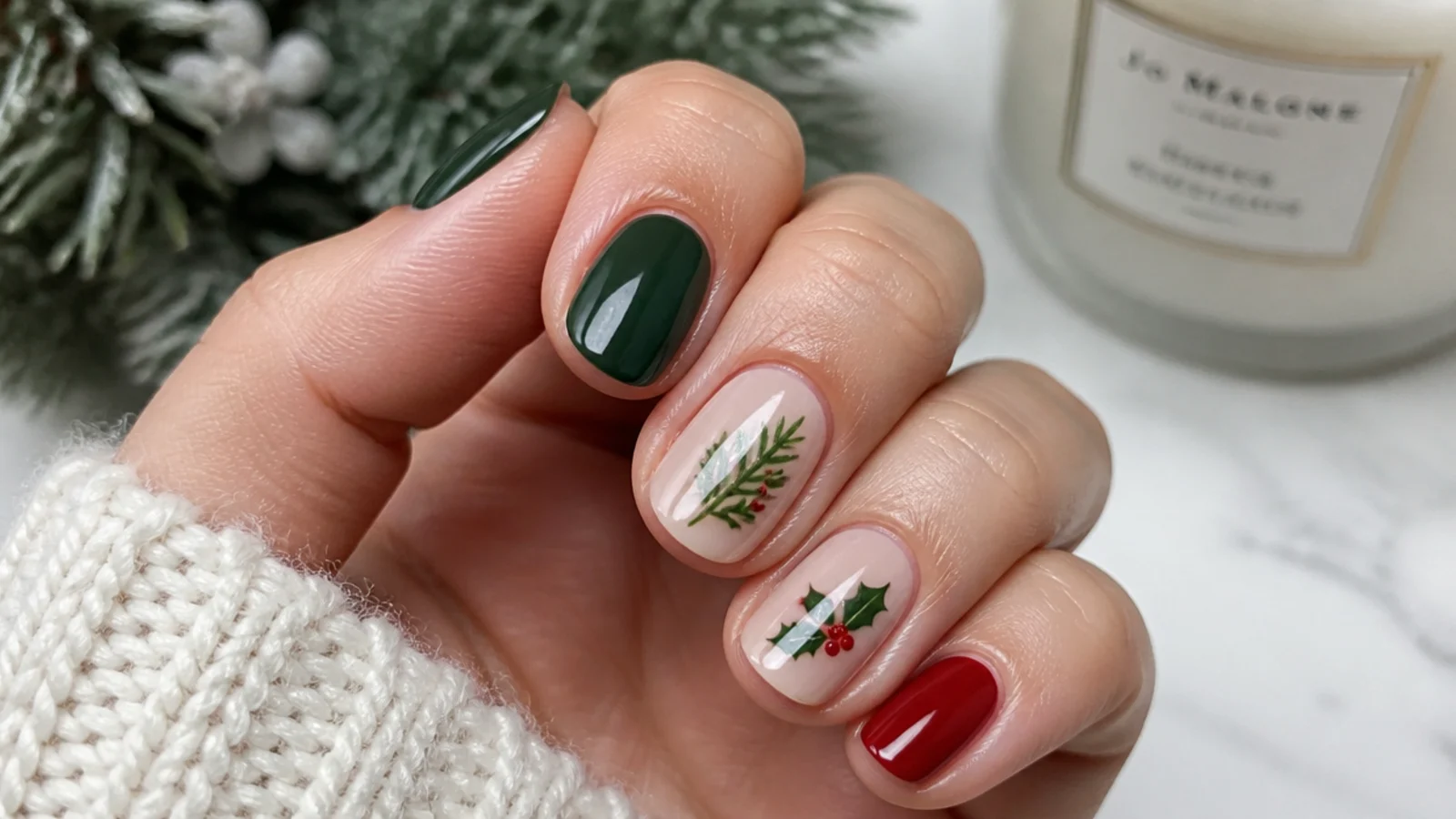 Alternating glossy red and forest green December nails on short nails
